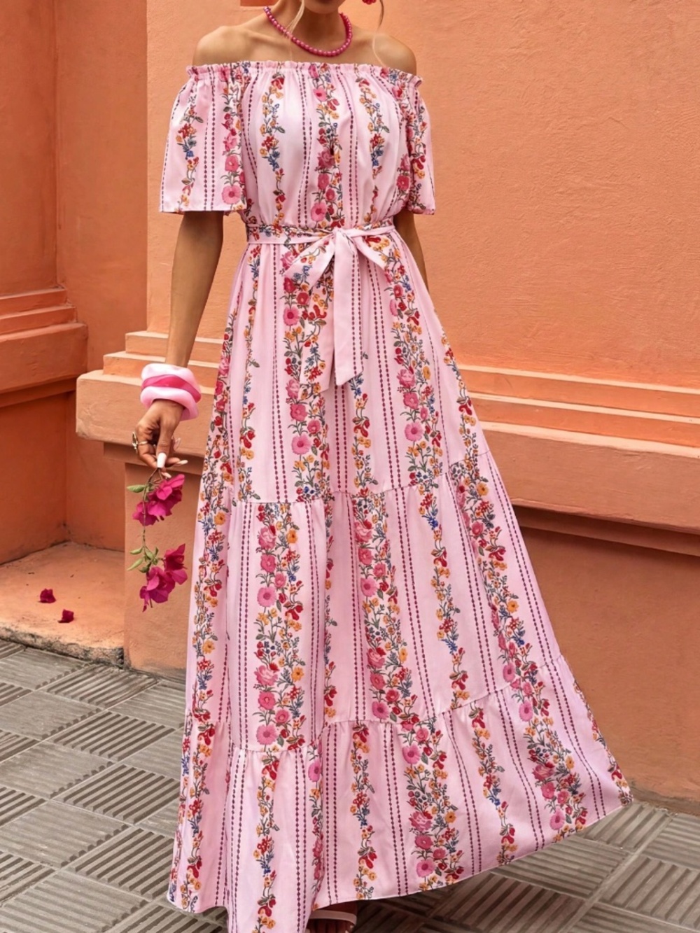 Boho Floral print Off Shoulder Belted Ruffle Hem Maxi Dress - Picture 2 of 5